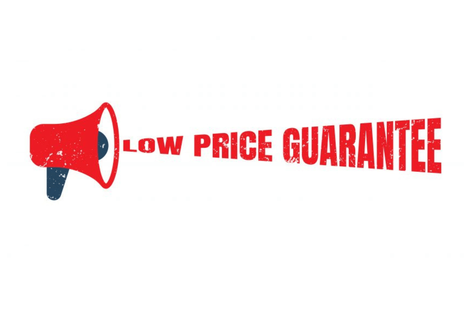 Red megaphone broadcasting 'LOW PRICE GUARANTEE' in bold letters.