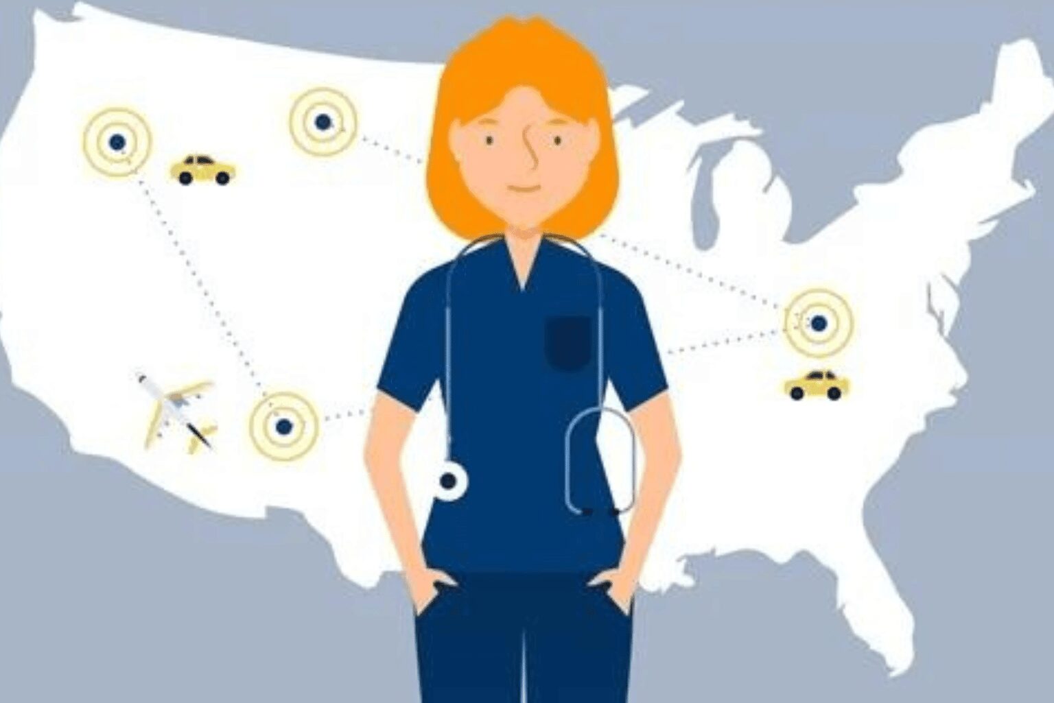 A nurse with a stethoscope stands in front of a U.S. map highlighting healthcare hubs.