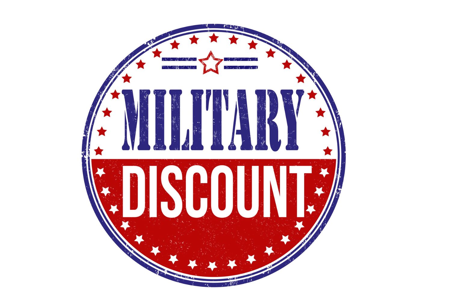 Circular emblem offering a military discount in red, white, and blue.