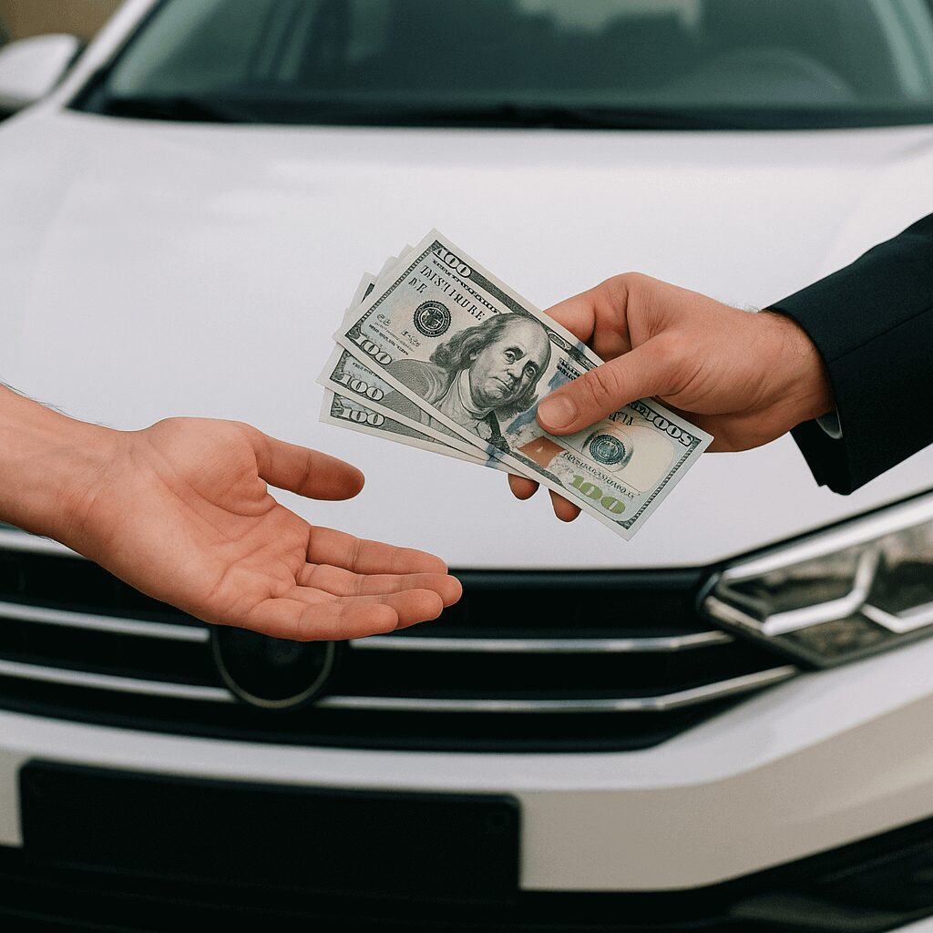 Hand exchanging money in front of a car.